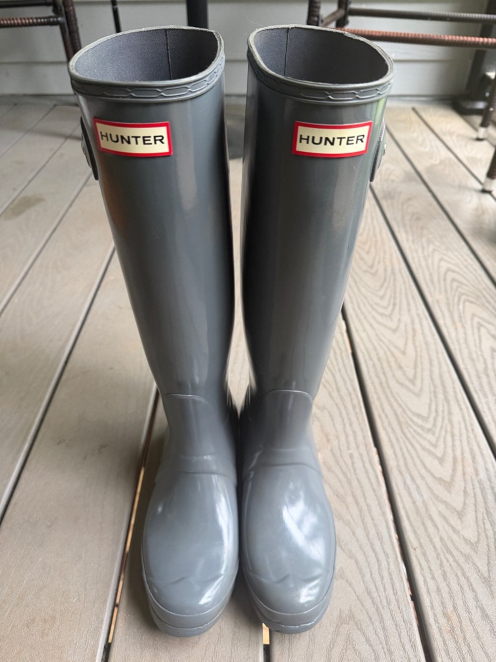Hunter Glossy Gray Tall Rain Boots with Red Logo